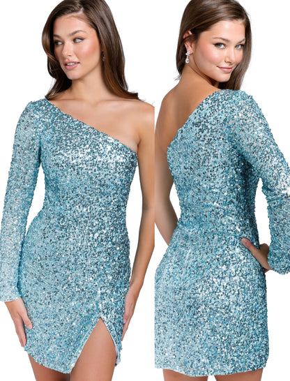 Primavera Couture 3860 Short 2023 Homecoming dress Fitted sequin beaded short cocktail dress One Shoulder Long Sleeve Maxi slit Homecoming  Available Color- Baby Pink, Gold, Lilac, Light Blue, Neon Pink, Red, Royal Blue, Apple Green, Mint, Peacock  Available Size-00-18