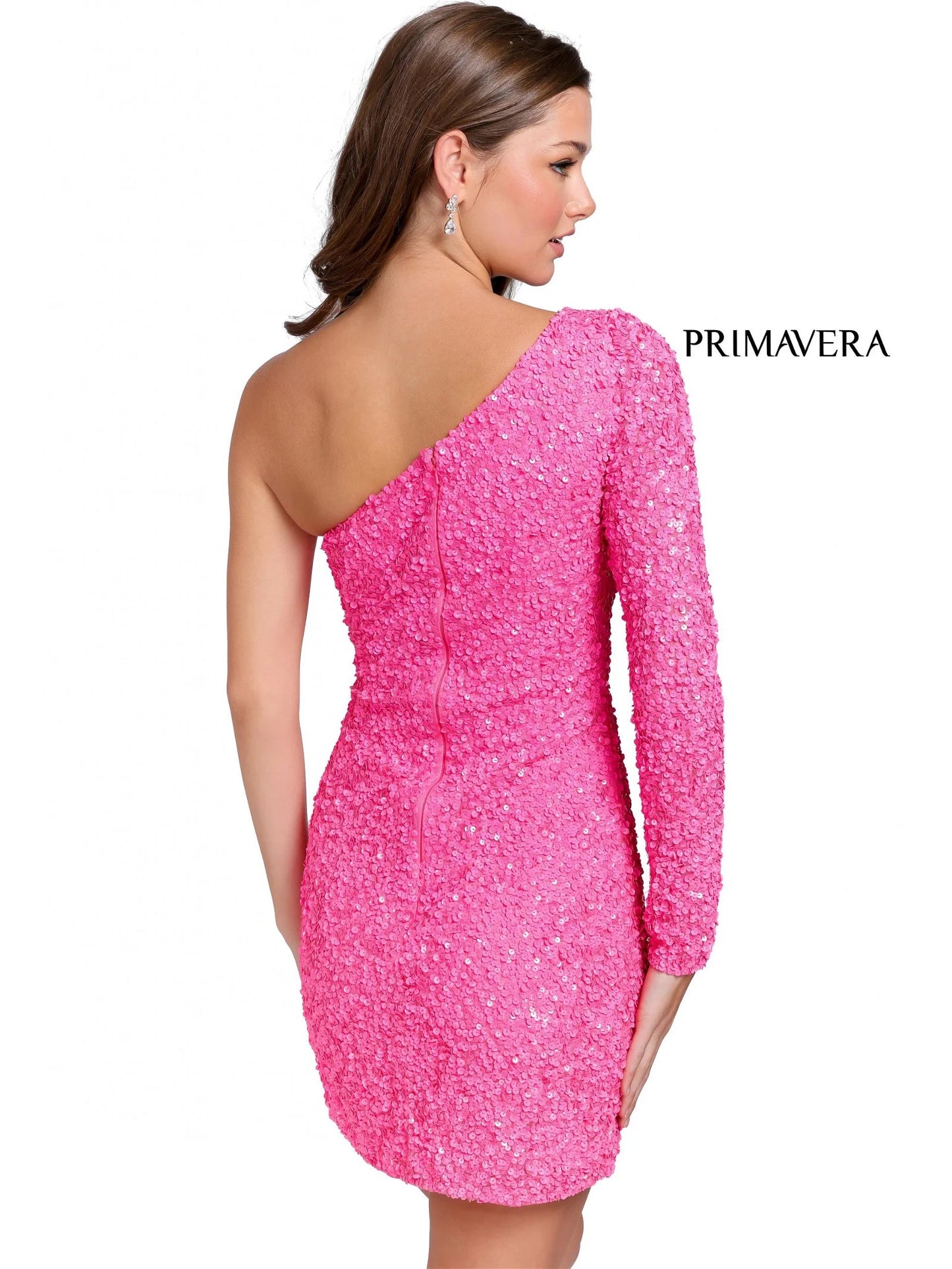 Primavera Couture 3860 Short 2023 Homecoming dress Fitted sequin beaded short cocktail dress One Shoulder Long Sleeve Maxi slit Homecoming  Available Color- Baby Pink, Gold, Lilac, Light Blue, Neon Pink, Red, Royal Blue, Apple Green, Mint, Peacock  Available Size-00-18