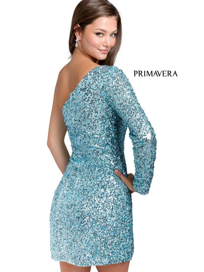 Primavera Couture 3860 Short 2023 Homecoming dress Fitted sequin beaded short cocktail dress One Shoulder Long Sleeve Maxi slit Homecoming  Available Color- Baby Pink, Gold, Lilac, Light Blue, Neon Pink, Red, Royal Blue, Apple Green, Mint, Peacock  Available Size-00-18