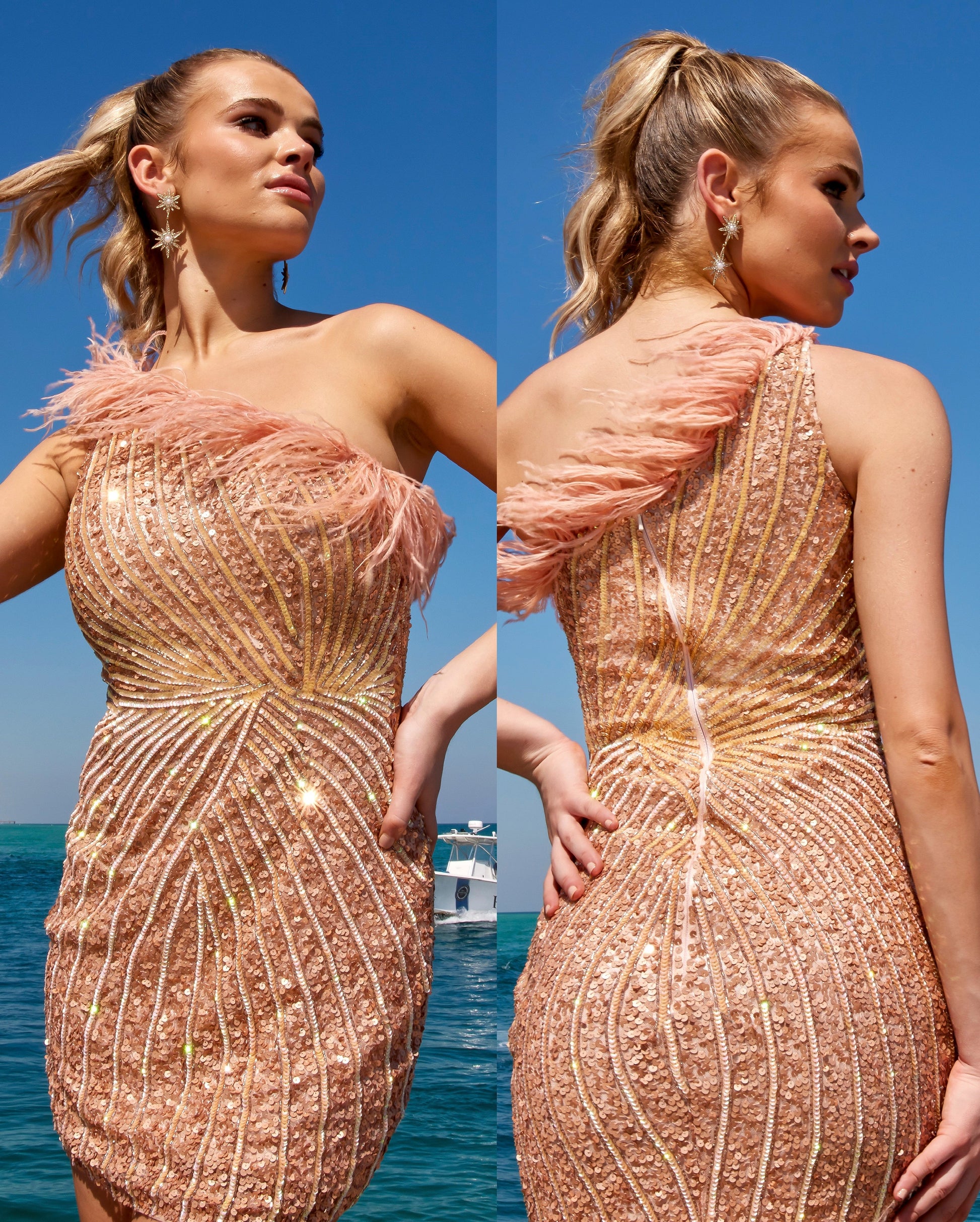 The Primavera Couture 4002 One Shoulder Cocktail Dress is an unforgettable look for your special occasion. A striking one shoulder silhouette is fully embellished with shimmering sequins and features an elegant feather trim. Add sparkle and sophistication to your evening with this showstopping dress.