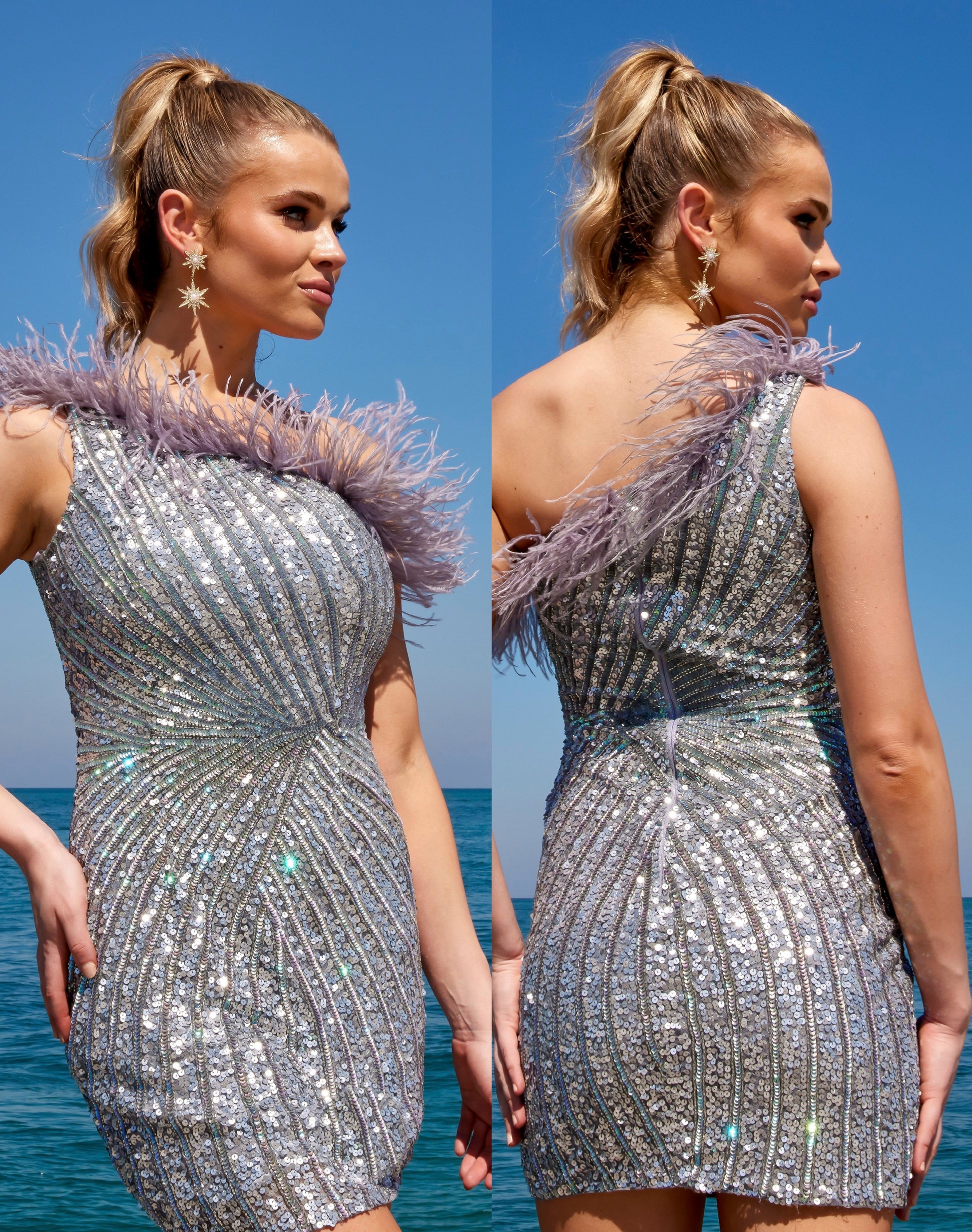 The Primavera Couture 4002 One Shoulder Cocktail Dress is an unforgettable look for your special occasion. A striking one shoulder silhouette is fully embellished with shimmering sequins and features an elegant feather trim. Add sparkle and sophistication to your evening with this showstopping dress.