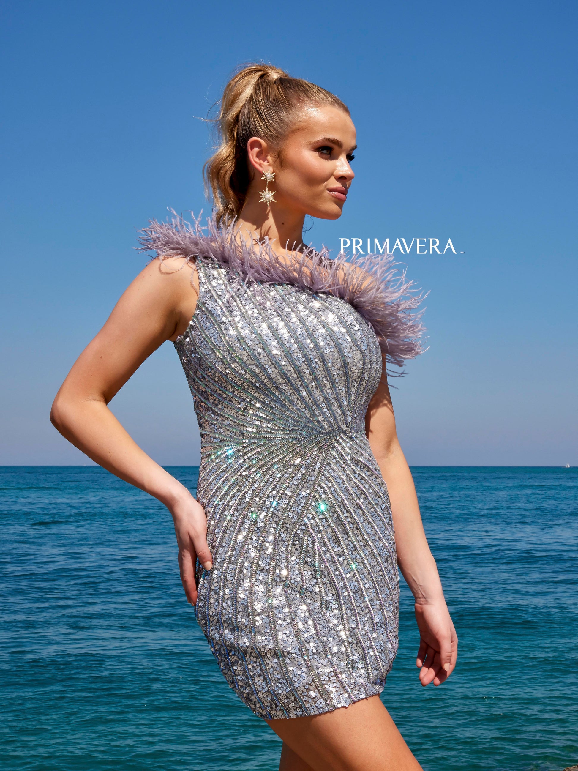 feather trim cocktail dress Primavera Couture 4002 Feather Trimmed Cocktail Dress One Shoulder Sequins