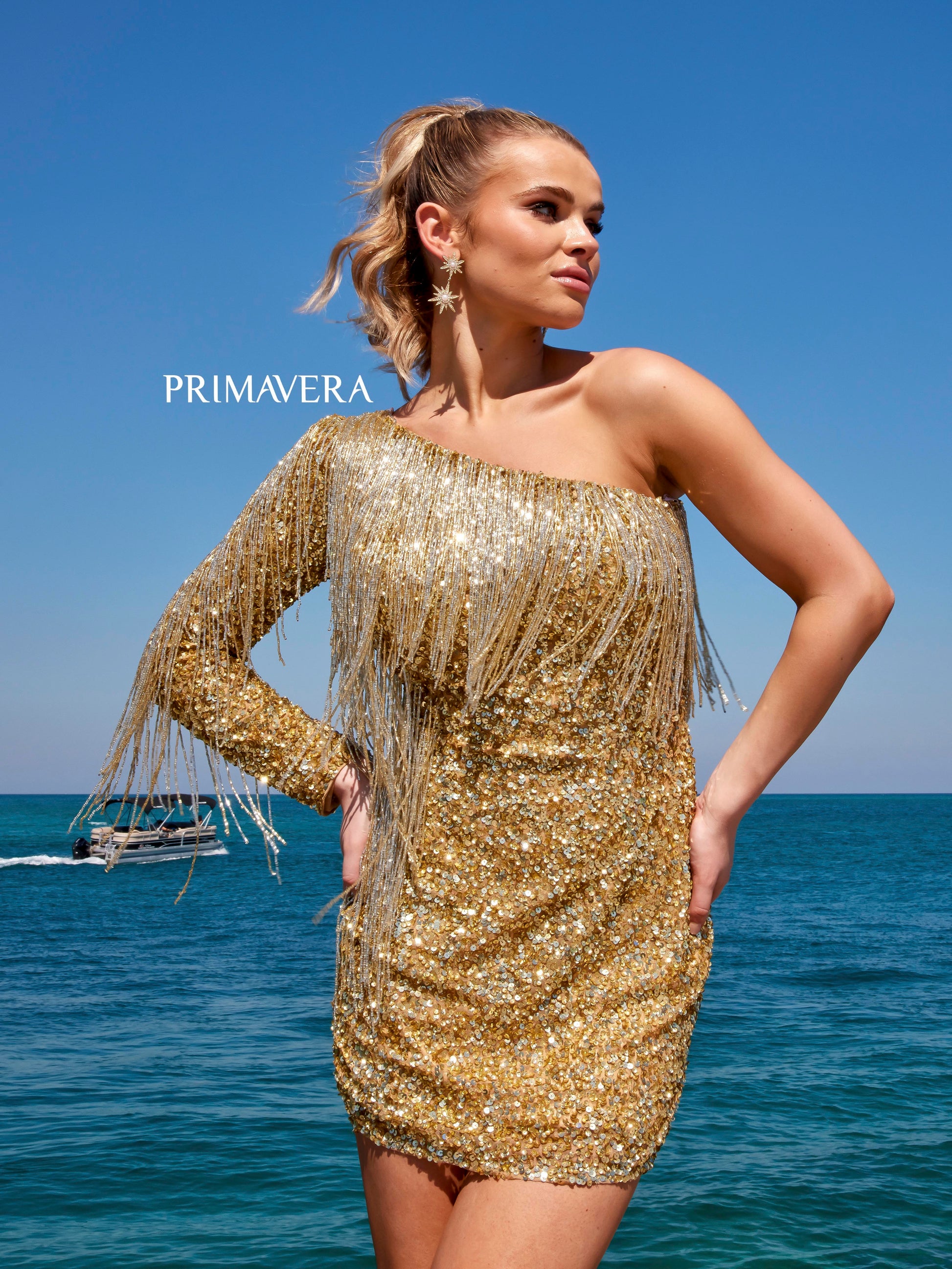 Primavera Couture 4003 Fringe Cocktail Dress Long Sleeves One Shoulder Glass Slipper Formals Primavera Couture 4003 Fringe Cocktail Dress Long Sleeves One Shoulder Glass Slipper Formals