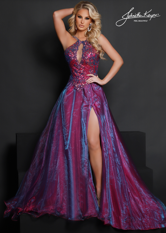 Johnathan Kayne 2627 Long A Line High Neck Sequin Formal Pageant Dress Crystal Strap Gown Making a statement is easy with this show-stopping dress! The Johnathan Kayne 2627 Long A Line High Neck Sequin Formal Pageant Dress Crystal Strap Gown features sparkly sequins and a thigh-high slit with a customizable zipper - perfect for when you want to *really* turn heads. 