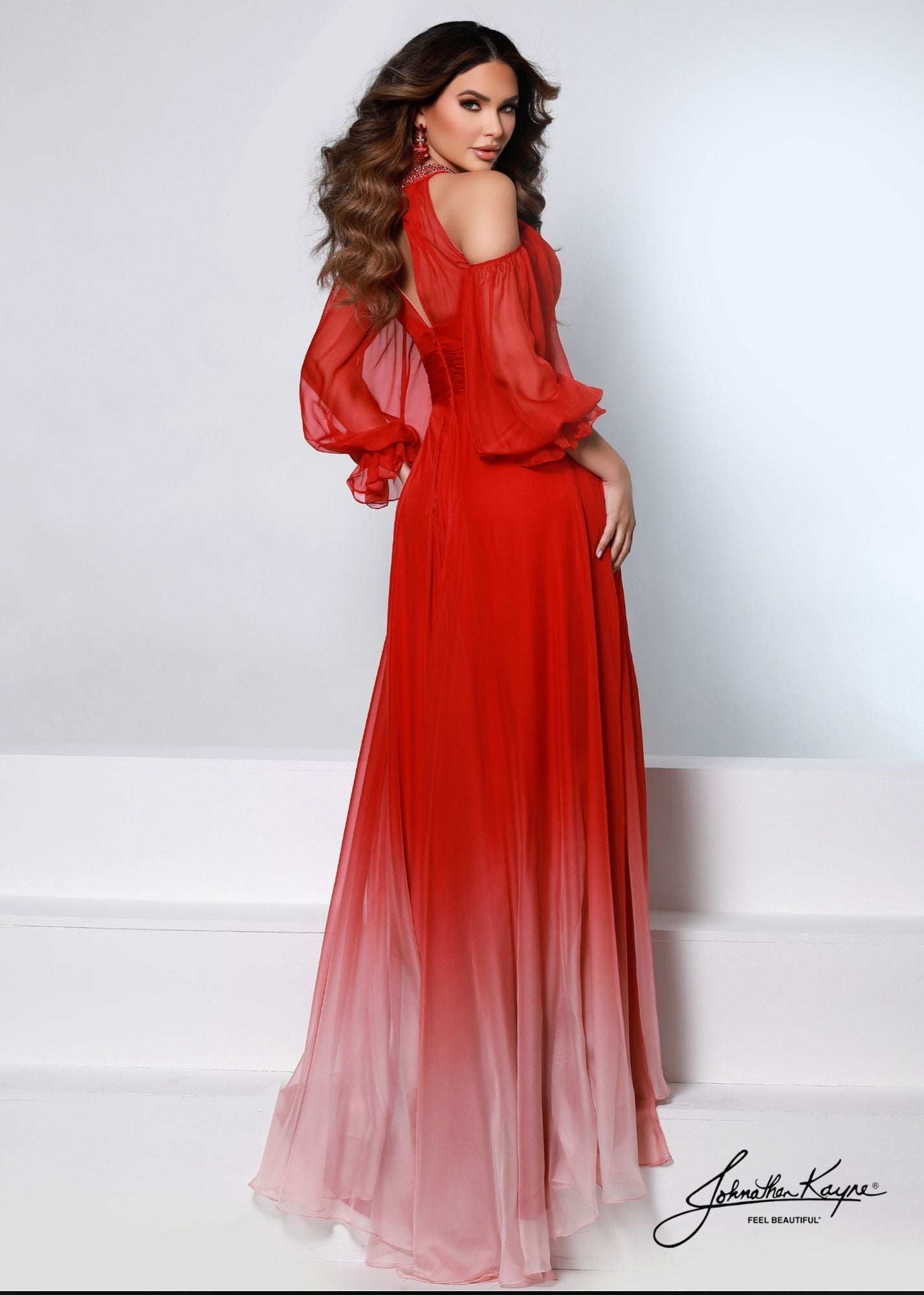 Look sexy and sophisticated with the Johnathan Kayne 3541 Size 2, 4 Cherry Ombre Chiffon Dress! The long sleeves and high neck make it a perfect formal wear option, with a hint of daring edge from the daring side slit. Slay at the party, and everyone will know who's cherry-on-top!  Size: 2, 4  Color: Cherry/Ombre