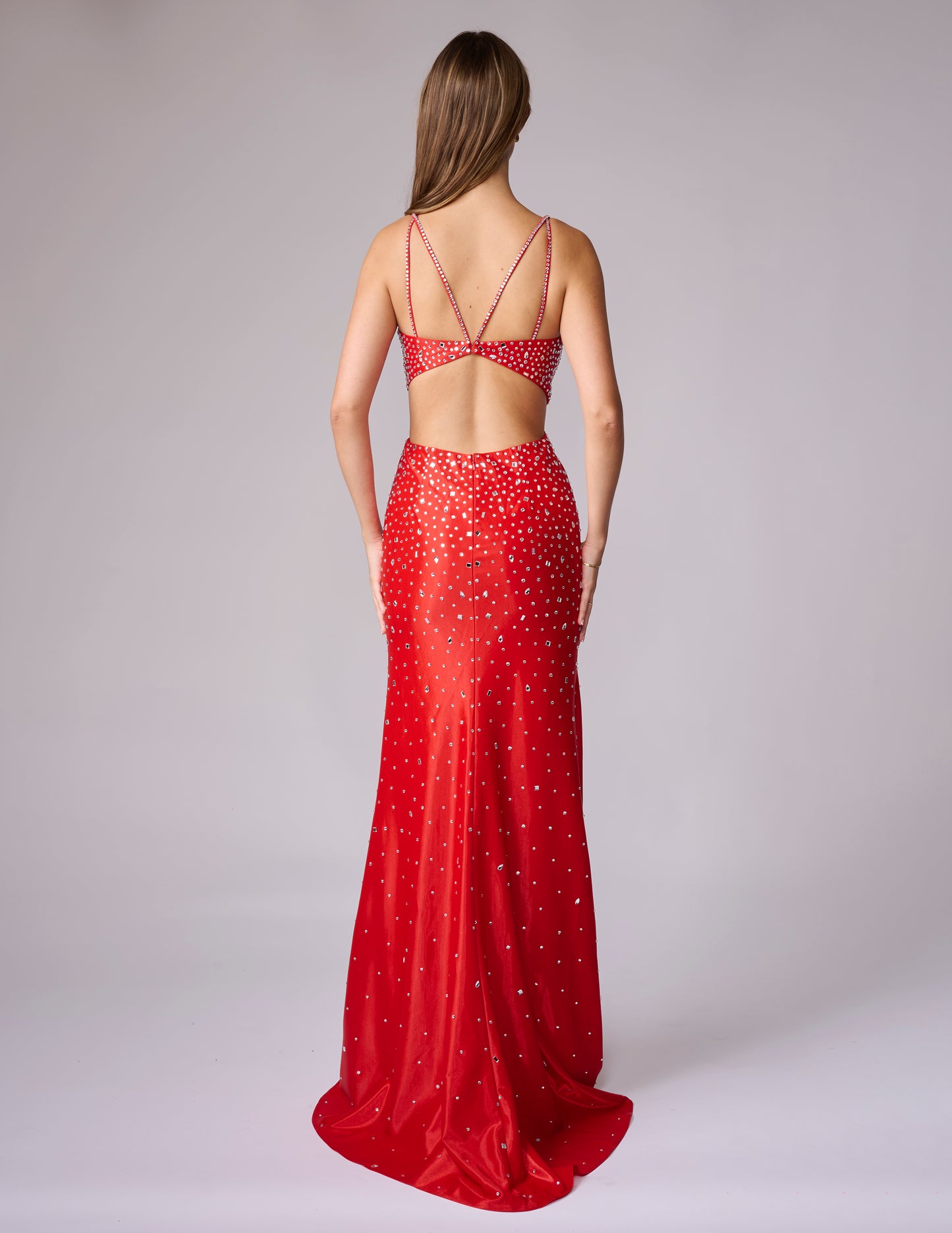 This Nina Canacci design showcases masterful construction with its signature cut glass mirror embellishments that deliver exceptional light refraction and visual depth. The mermaid silhouette provides a refined fit through the bodice and hips, transitioning into a graceful sweep. The backless cut demonstrates confident design, offering both architectural interest and modern elegance. Crafted for discerning customers who appreciate quality craftsmanship and timeless formal wear that commands attention.

Size