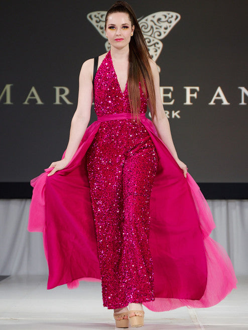 Marc Defang 8049 Size 8 Fuchsia Jumpsuit Fun Fashion Velvet Sequin Halter Pageant Wear