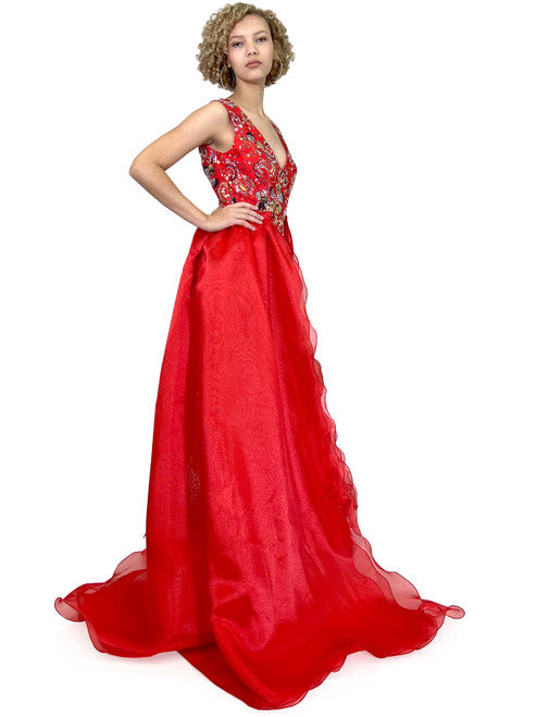 Feel fun and confident in the Marc Defang 8231 formal romper, featuring a stunning sequin fabric and double detachable overskirt for an eye-catching look. Short beading accents add a special touch, creating a perfect pageant or party outfit that will turn heads.  Sizes: 00-16  Colors: Red, Yellow  *Please allow 30 days production