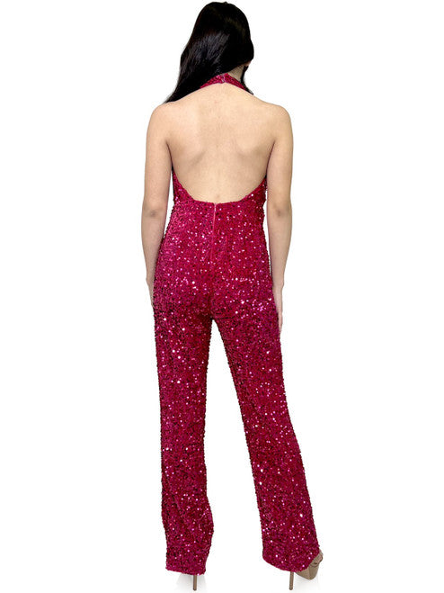 Look and feel fabulous in the Marc Defang 8049 Fuchsia Jumpsuit Fun Fashion Sequin Halter Pageant Wear. Crafted with sequins and a V neckline, the halter top is backless and designed to make a statement. Perfect for special occasions. Size 8. Overskirt not included.  Size: 8  Color: Fuchsia