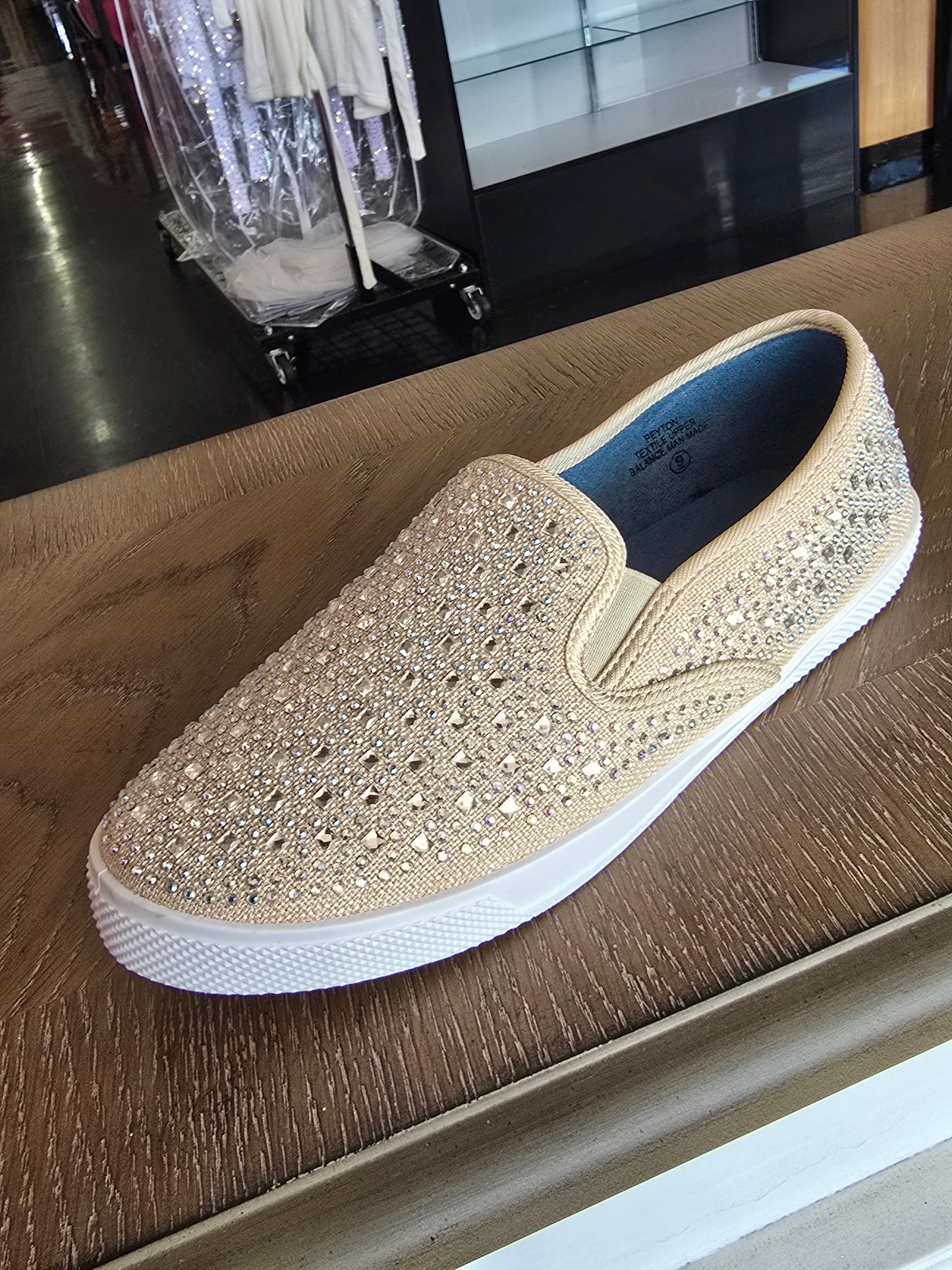 Your Party Shoes - Peyton These Flat Slip On Canvas Sneakers are embellished with Rhinestones &amp; Crystal For Comfort yet all the glam you want for prom, Homecoming or any Special Occasion! Great vans style Bling crystal embellished comfortable formal sneakers. Stretch canvas upper with rhinestones embellishments scattered across. Great option for a wedding reception shoe in White/Ivory!


