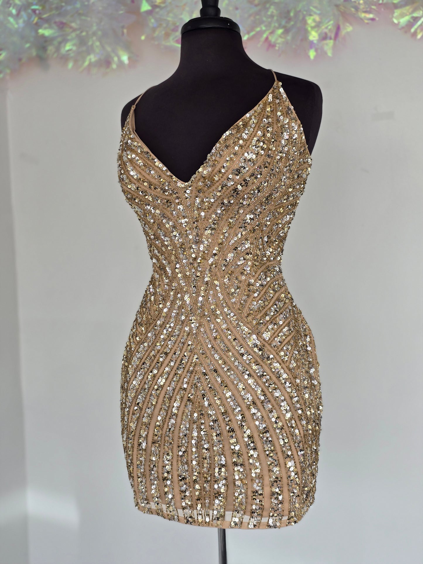 Primavera Couture 4483 Size 12 Nude Gold Short Fitted Sequin Beaded Homecoming Dress Corset V neck Cocktail Gown