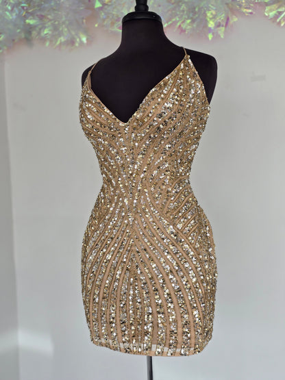 Primavera Couture 4483 Size 12 Nude Gold Short Fitted Sequin Beaded Homecoming Dress Corset V neck Cocktail Gown