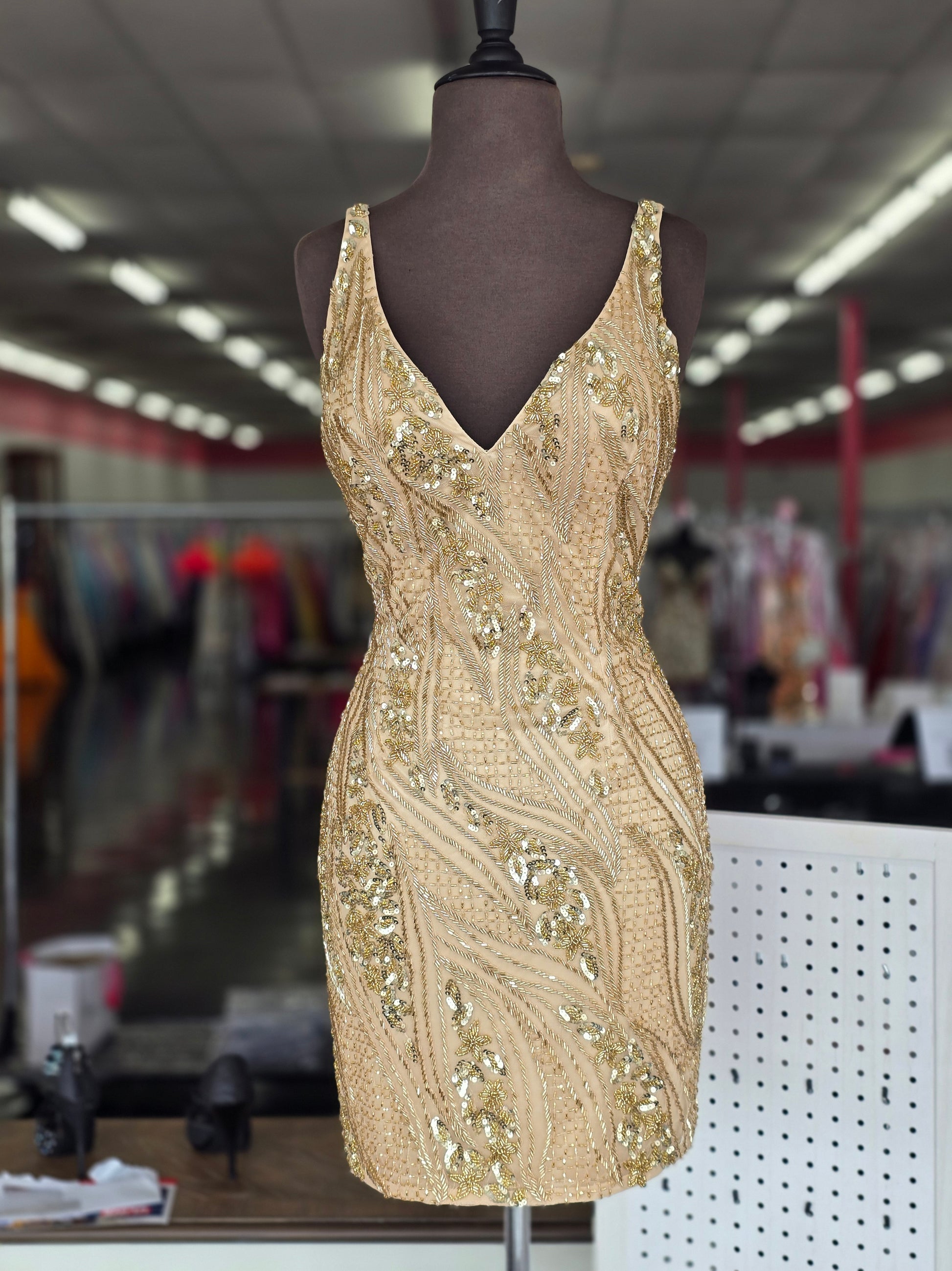 Primavera Couture 4249 Size 6, 16 Gold Short Beaded Cocktail Dress Bac Glass Slipper Formals Primavera Couture 4249 Size 6, 16 Gold Short Beaded Cocktail Dress Bac Glass Slipper Formals
