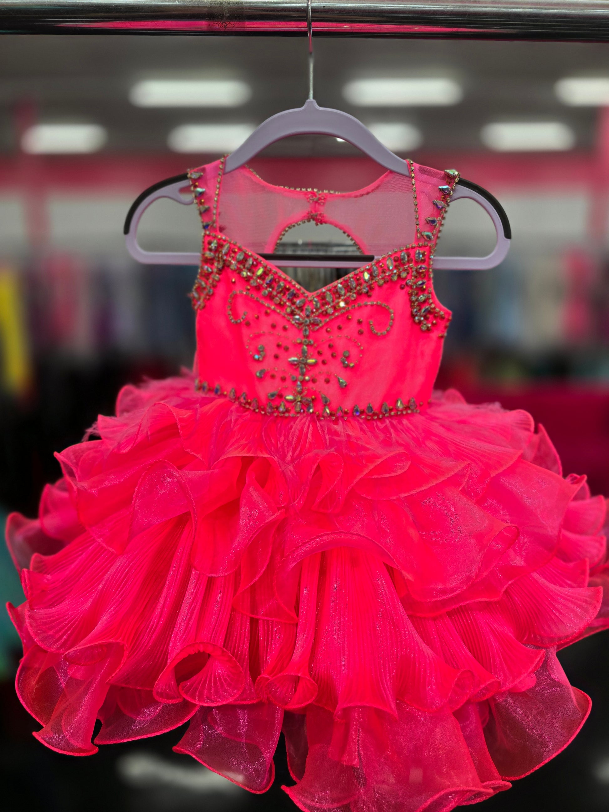 Sugar Kayne C202 Size 2T Neon Pink Girls Pleated Feather Cupcake Pagea Glass Slipper Formals Sugar Kayne C202 Size 2T Neon Pink Girls Pleated Feather Cupcake Pagea Glass Slipper Formals