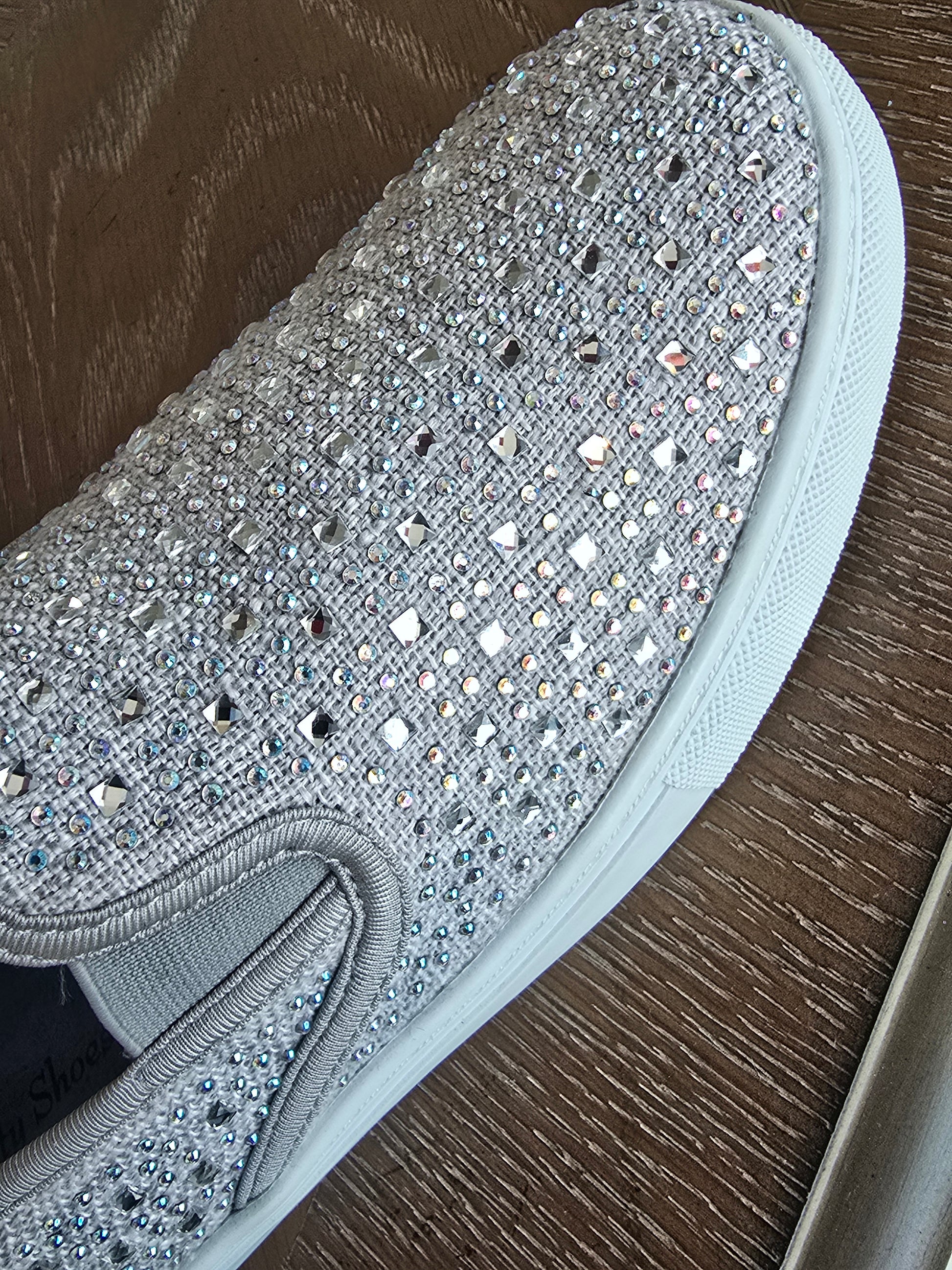 Your Party Shoes - Peyton These Flat Slip On Canvas Sneakers are embellished with Rhinestones &amp; Crystal For Comfort yet all the glam you want for prom, Homecoming or any Special Occasion! Great vans style Bling crystal embellished comfortable formal sneakers. Stretch canvas upper with rhinestones embellishments scattered across. Great option for a wedding reception shoe in White/Ivory!


