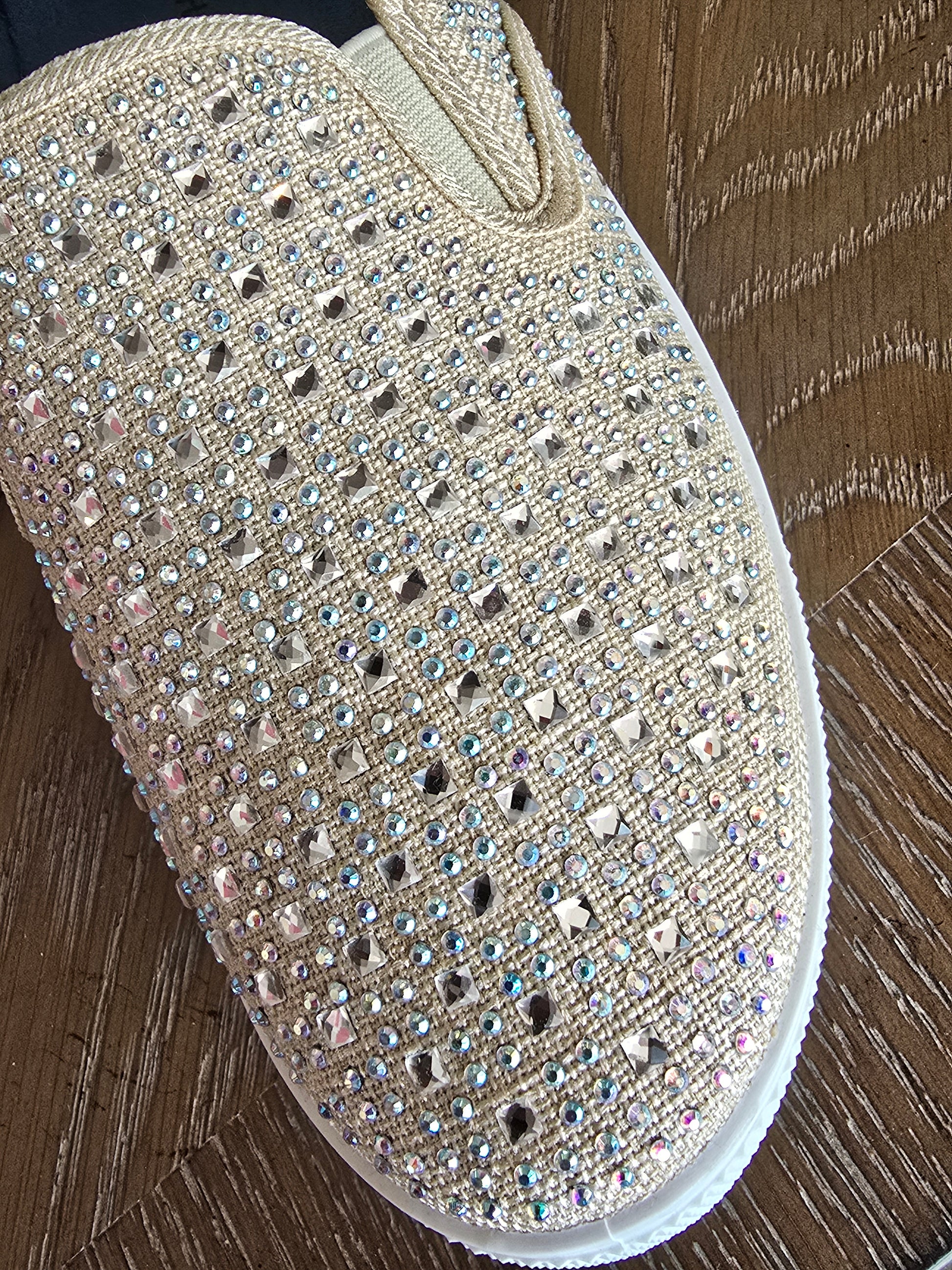 Your Party Shoes - Peyton These Flat Slip On Canvas Sneakers are embellished with Rhinestones &amp; Crystal For Comfort yet all the glam you want for prom, Homecoming or any Special Occasion! Great vans style Bling crystal embellished comfortable formal sneakers. Stretch canvas upper with rhinestones embellishments scattered across. Great option for a wedding reception shoe in White/Ivory!


