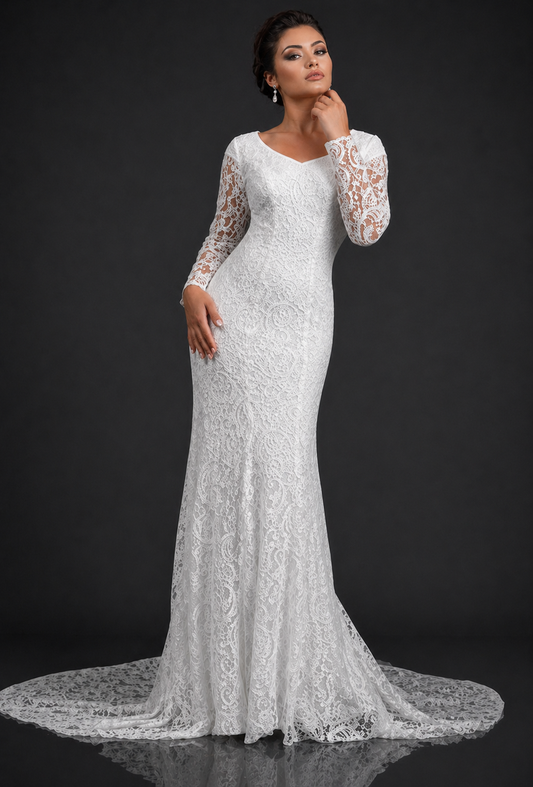 Adagio Bridal W9340 modest v neckline lace wedding gown with long sheer sleeves and full coverage back. Adagio Bridal W9340 size 12 White Lace wedding Dress Long Sleeve Train Modest

Available colors:&nbsp; White

Available sizes:&nbsp; 12