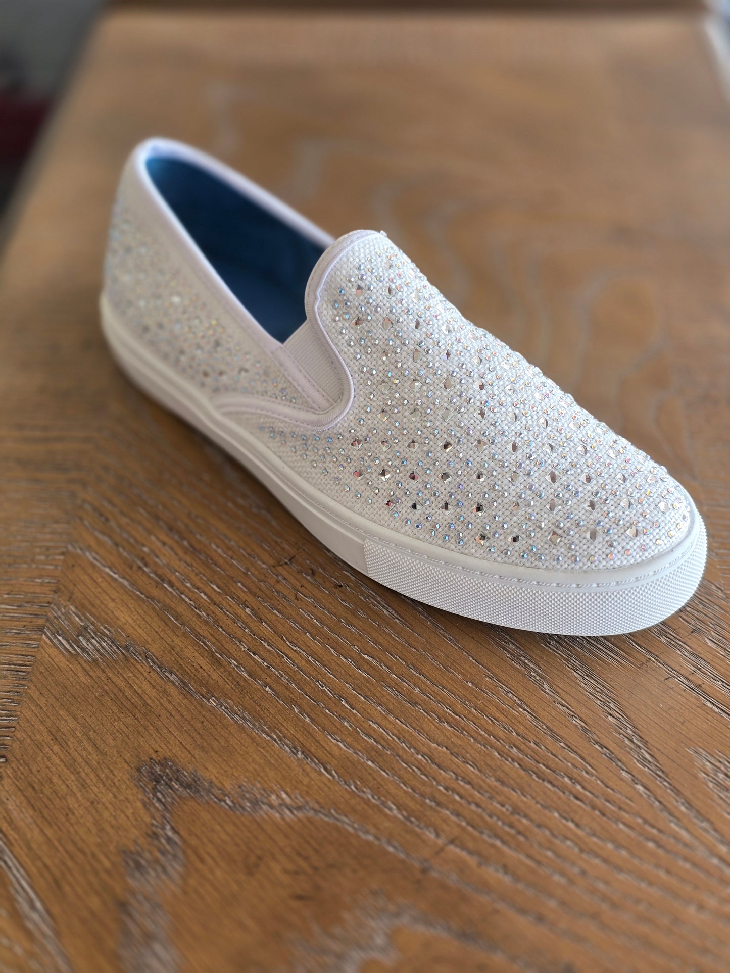 Your Party Shoes - Peyton These Flat Slip On Canvas Sneakers are embellished with Rhinestones &amp; Crystal For Comfort yet all the glam you want for prom, Homecoming or any Special Occasion! Great vans style Bling crystal embellished comfortable formal sneakers. Stretch canvas upper with rhinestones embellishments scattered across. Great option for a wedding reception shoe in White/Ivory!


