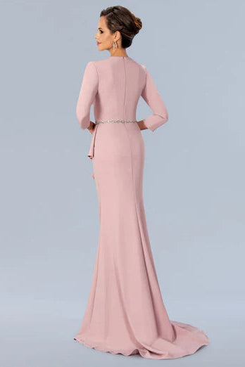 The Stella Couture 24318 slim-flare peplum evening dress showcases a square neckline, three-quarter sleeves, a brush train, and a zip-up closure at the back. A stylish touch is added by a cascading ruffle above the thigh-high slit in this mother of the bride gown, complemented by a beaded waistband.This Stella Couture gown in size 10 features a refined long-sleeve design perfect for formal occasions. Crafted in a delicate rose hue, the dress highlights elegant ruffle detailing at the peplum, adding sophisti