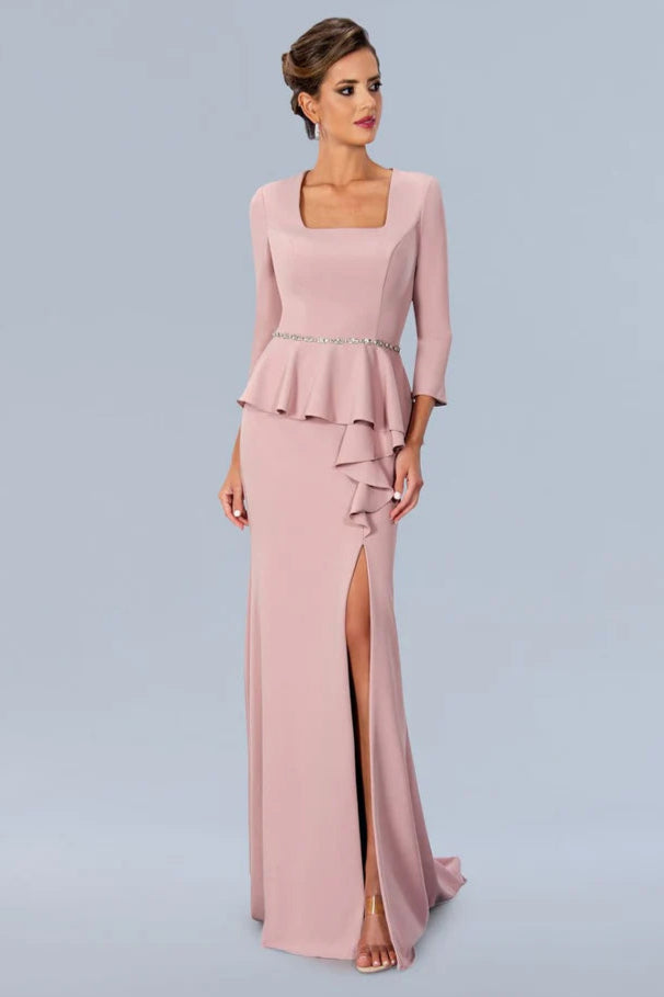 The Stella Couture 24318 slim-flare peplum evening dress showcases a square neckline, three-quarter sleeves, a brush train, and a zip-up closure at the back. A stylish touch is added by a cascading ruffle above the thigh-high slit in this mother of the bride gown, complemented by a beaded waistband.This Stella Couture gown in size 10 features a refined long-sleeve design perfect for formal occasions. Crafted in a delicate rose hue, the dress highlights elegant ruffle detailing at the peplum, adding sophisti