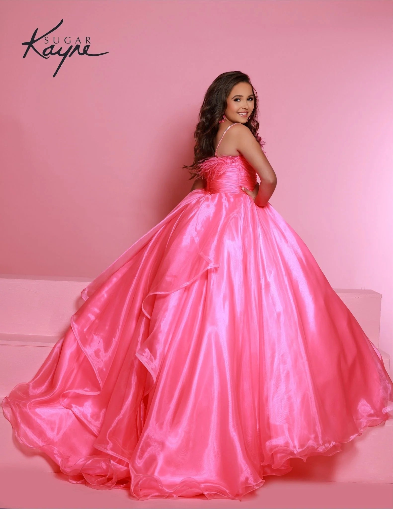 Sugar Kayne C330 Size 6 10 14 Barbie Pink Girls Preteens Pageant Dress Feather Neckline Long Organza Skirt Ruffle Train