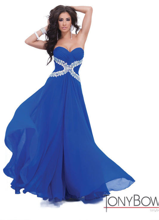 Tony Bowls 11412 Size 12 Royal Long Prom or Pageant Dress Crystal Embellished Strapless