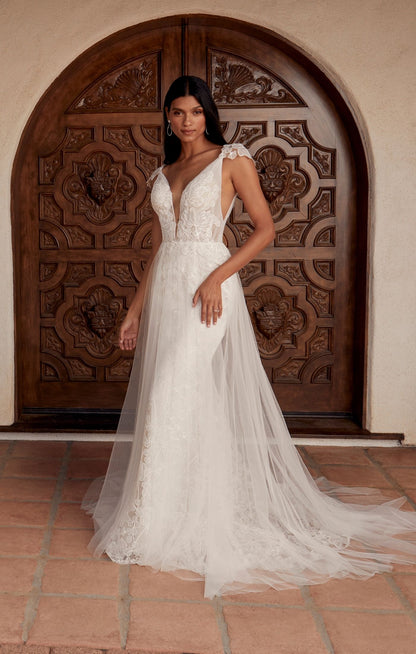 Casablanca Beloved BL436 Cayenne A-Line Detachable Off Shoulder Cap Sleeves Spaghetti Strap Semi-Illusion Bodice Vertical Pleated Tulle Floral Lace