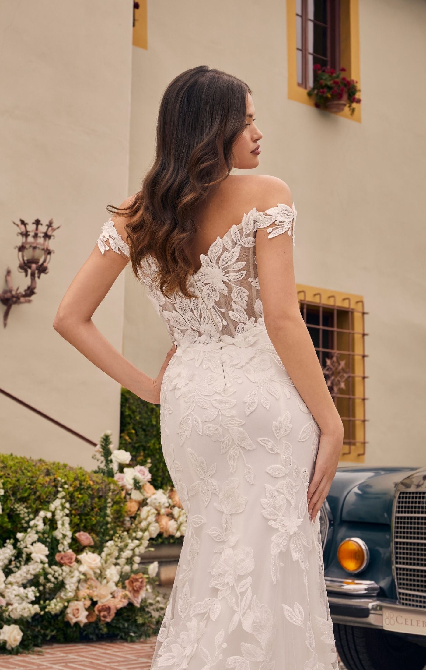 Casablanca Bridal 2541 Augustine A-Line Off The Shoulder 3D Floral Appliques Sheer Corset Train Slit Wedding Gown 14 / Ini