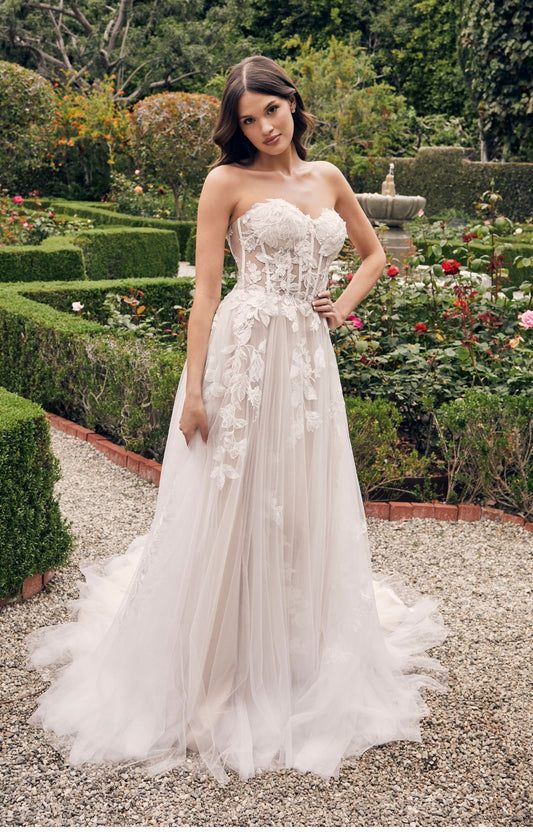 Casablanca Bridal 2537 Adalaide A-Line Sheer Floral Corset Strapless Sweetheart Neckline Wedding Gown. 2537 Adalaide, a stunning A-line look consisting of a soft, gathered tulle features a flowy skirt and intricate corset bodice with a wealth of style details such as, exposed inner boning & transparent panels.