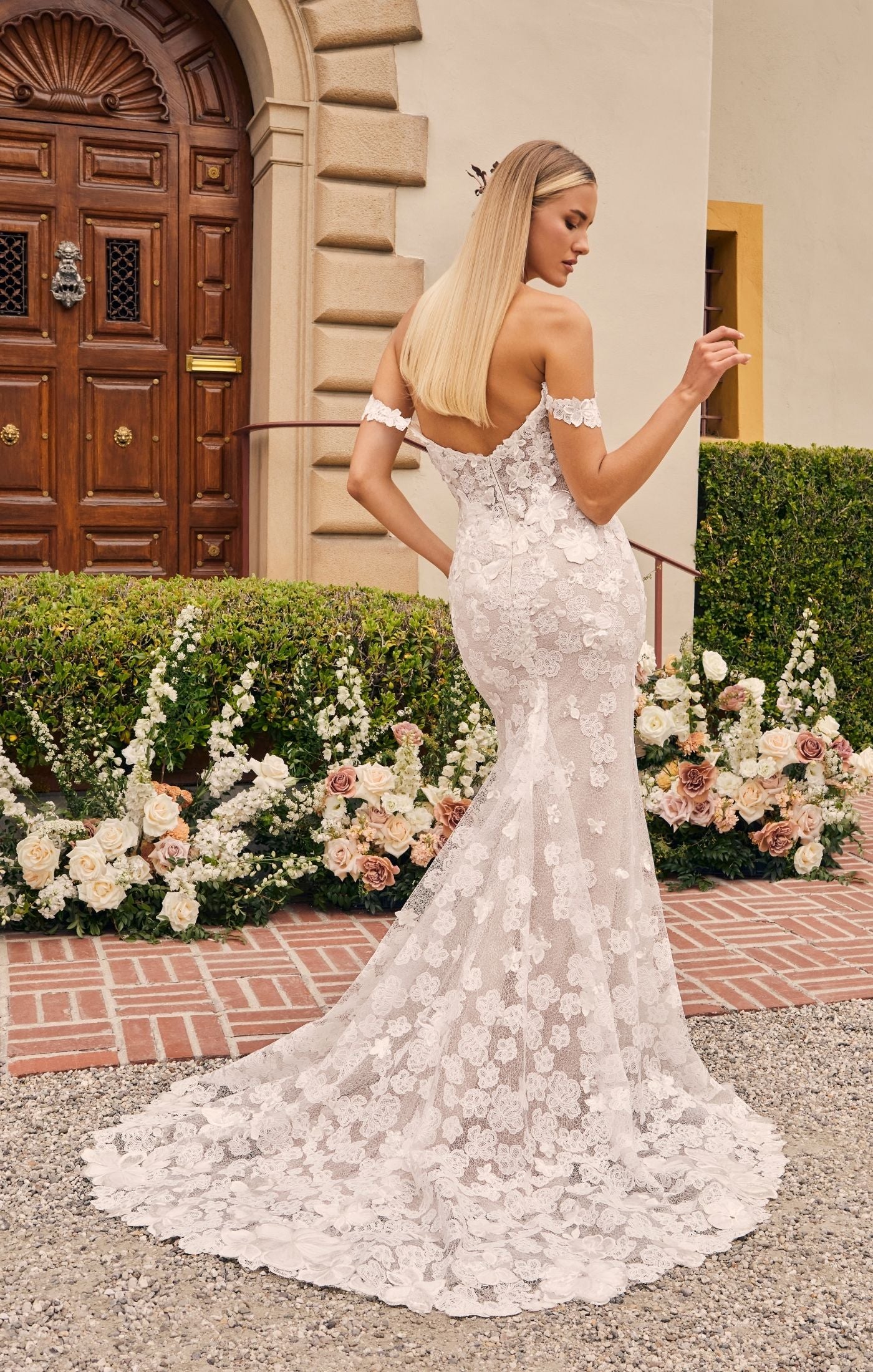 Casablanca Bridal 2544 Geneve Fit And Flare Illusion Bodice Off The Shoulder Sweetheart Neckline Floral Lace Appliques Wedding Gown. Classic elegance is created with this fit and flare wedding dress. The alluring illusion bodice features a classic sweetheart neckline and off the shoulder straps. Adorned with sequined floral lace appliques over a lace underlay for a timeless look. A scalloped lace hem continues around to create a 62” train that extends past the comfortable stretch lining