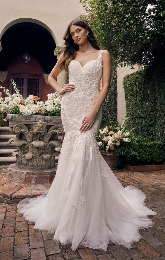 Casablanca Bridal 4546 Sylvie Mermaid Sweetheart Neckline Tulle Floral Lace Train Wedding Gown. Made for every type of body shape, this glittering fit and flare wedding dress is going to hug your curves in the most flattering way. The unique sweetheart and V-neckline gives way to thin straps and a sexy low back. Tonal beaded and sequined lace appliqués run through the entirety of the gown that will glisten into the night. It's complete with a stretch georgette lining and a sheer back.