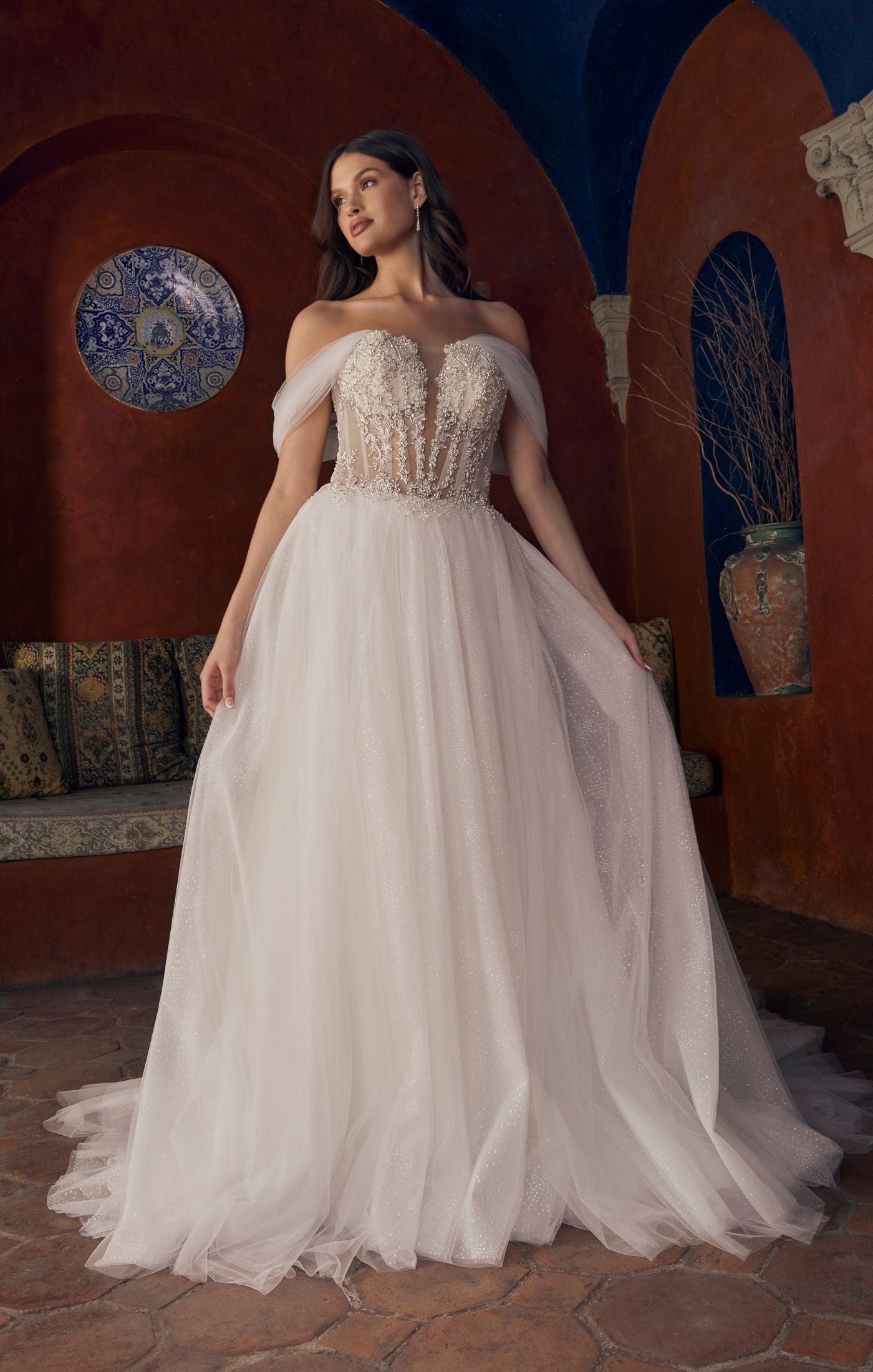 Casablanca Bridal 2547 Meline Wedding Dress Ballgown Sheer Corset Off The Shoulder Plunging Neckline Train Wedding Gown 2 / INS