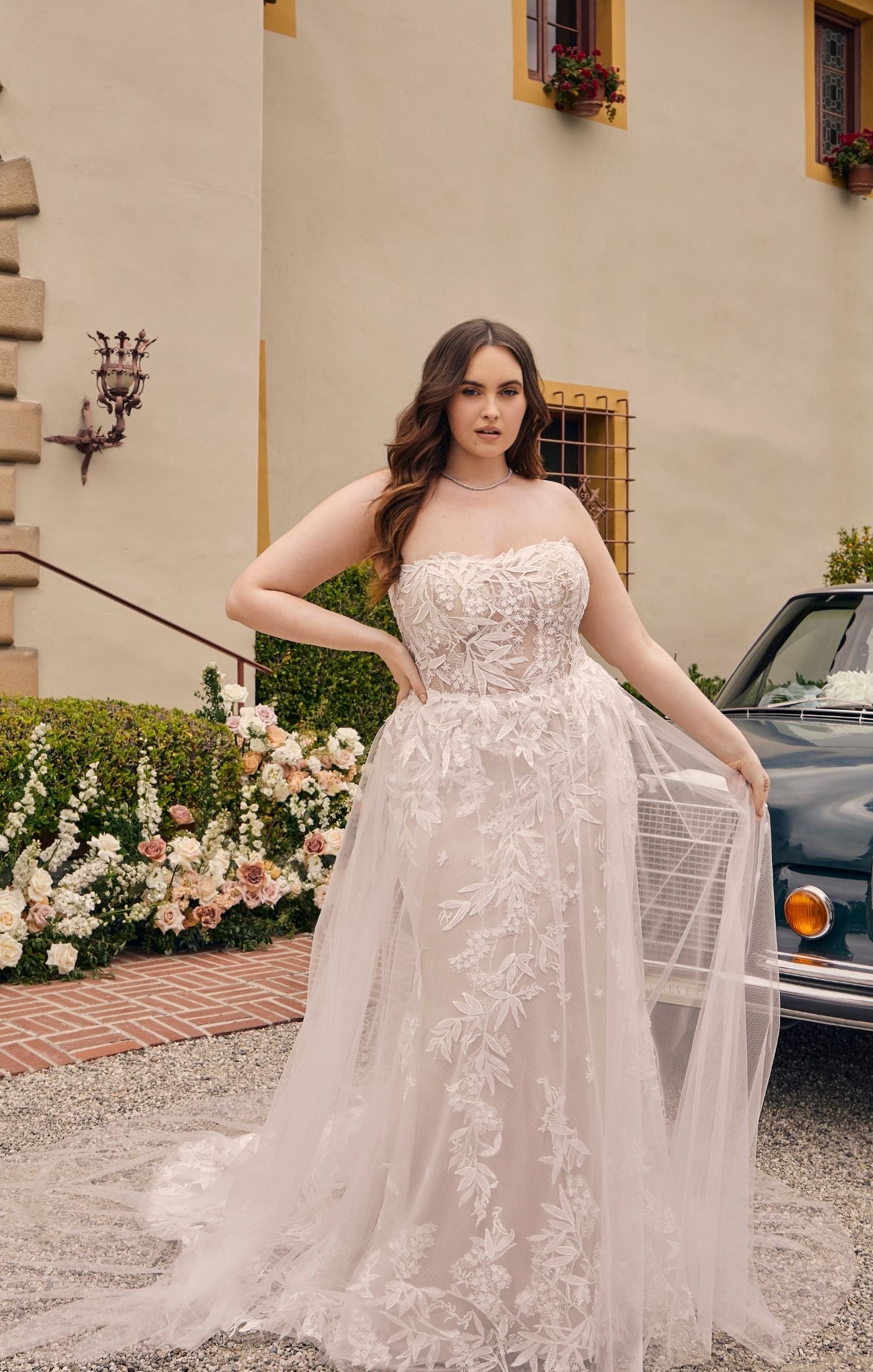 Casablanca Bridal 2548 Jacqueline A-Line Ballgown Off The Shoulder Sheer Floral Tulle Appliques Train Wedding Dress. An A-Line skirt matching style 2548-1 made of tulle with sequined floral lace delicate trim at the waistline.