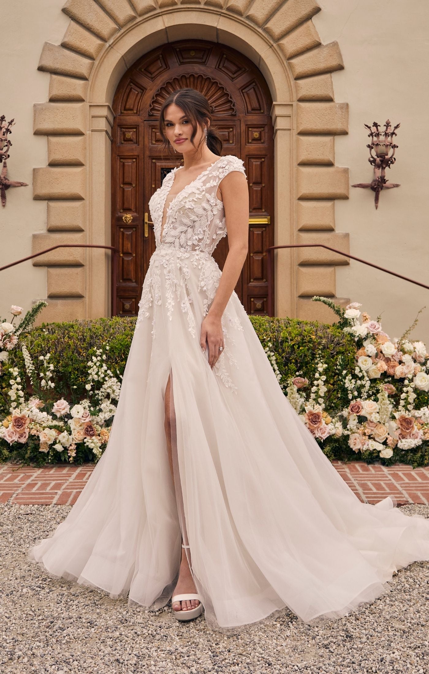 Casablanca Bridal 2551 Mirabelle A-Line Ballgown Cap Sleeves Plunging Neckline Lace Long Wedding Gown 28 / LNIS