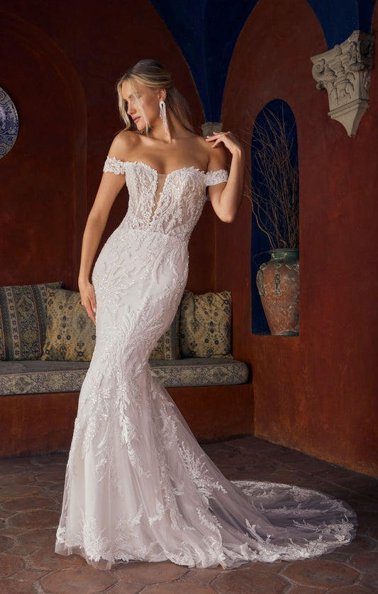 Casablanca Bridal 2554 Fit And Flare Off The Shoulder Plunging Neckline Sequin Floral Lace Train Wedding Gown. Get ready to turn heads with our sensational fit and flare wedding dress, Style 2554 Rochelle. This exquisite gown is designed to celebrate your curves and make you feel like a true goddess on your special day, radiating confidence and timeless beauty