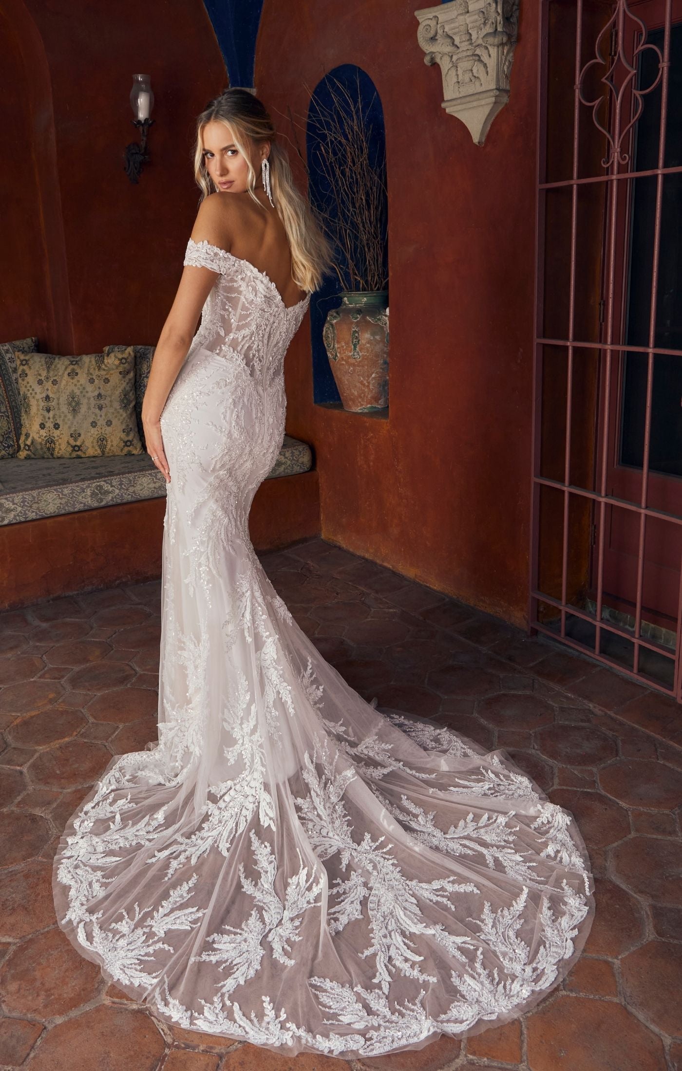 Casablanca Bridal 2554 Fit And Flare Off The Shoulder Plunging Neckline Sequin Floral Lace Train Wedding Gown. Get ready to turn heads with our sensational fit and flare wedding dress, Style 2554 Rochelle. This exquisite gown is designed to celebrate your curves and make you feel like a true goddess on your special day, radiating confidence and timeless beauty