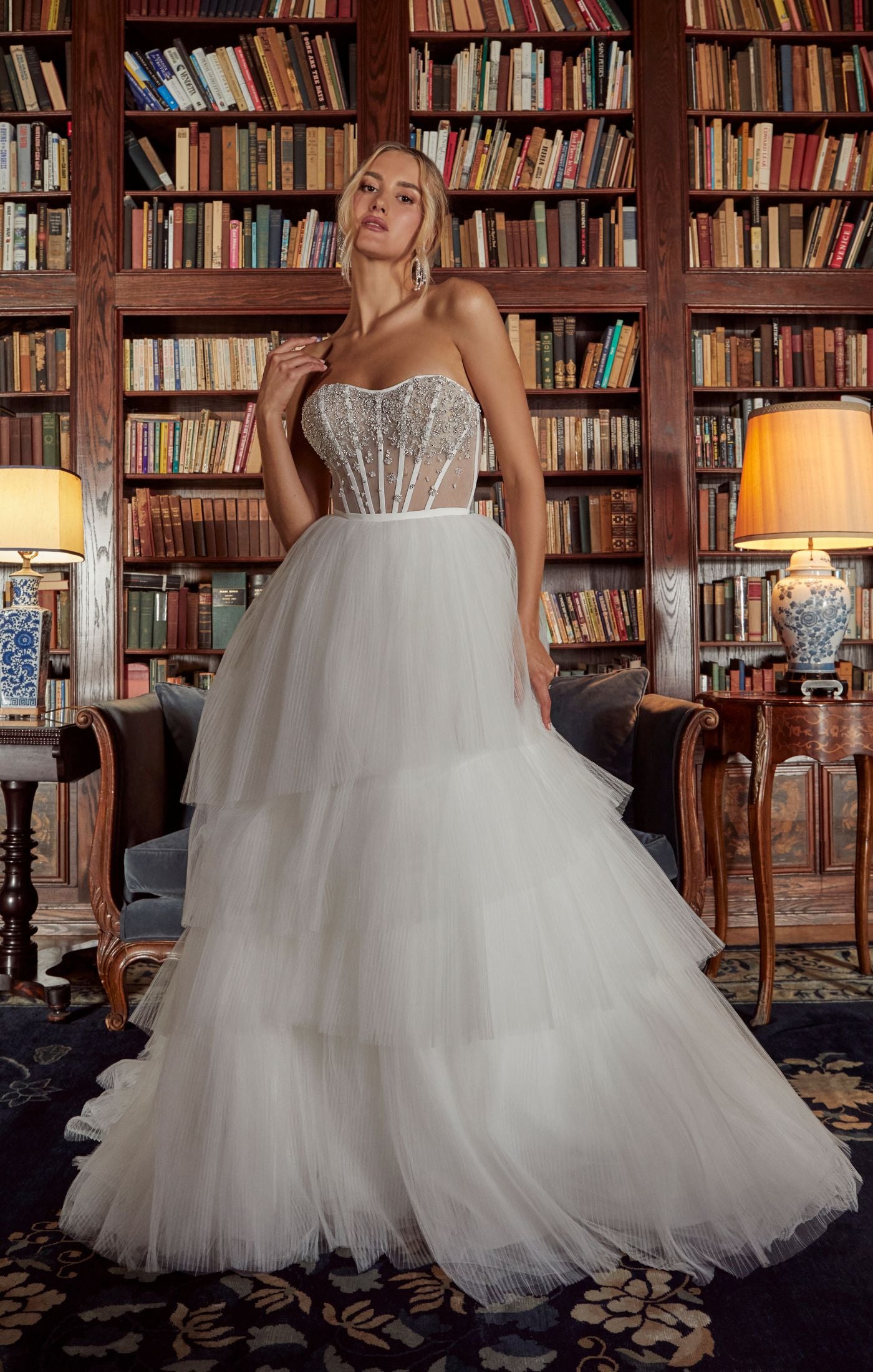 Casablanca Bridal 2558 Jewel A-Line Ballgown Strapless Sheer Corset Sweetheart Neckline Tulle Tier Train Wedding Gown 6 / INIS