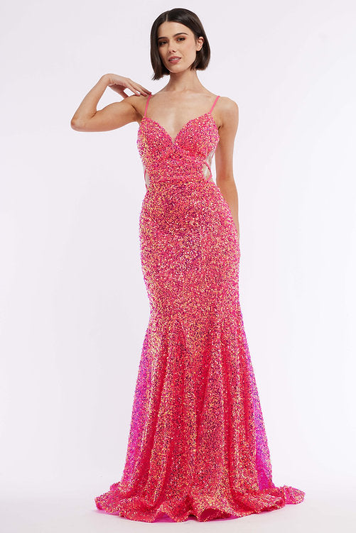Vienna Prom Dress 8850 Long fitted Sequin Backless Corset Prom