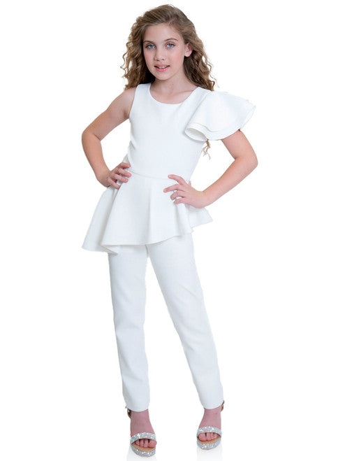 Marc Defang 8117k girls, kids pageant interview jumpsuit peplum skirt with one shoulder ruffle  Available sizes: 2-14  Available colors: Mint, Hot Pink, Red, Lilac (Check swatches for custom colors - 30-45 days)
