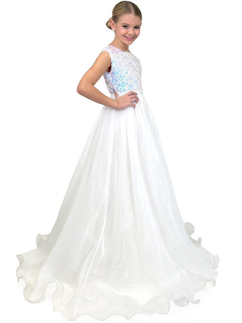 Marc Defang 5009 Long A Line Sequin Girls Ball Gown Pageant Dress Chiffon Kids  A classic classy perfect evening gown! Scallop shape necklines  Fully beaded top Hand crafted AB Crystals on the waistband  Organza skirt Center back invisible zippers  Fully lined  Available Sizes: 4, 5, 6, 7, 8, 9, 10, 11, 12, 13, 14  Available Colors: Royal Blue, Mint, White, Red, Hot Pink, Call for Custom Colors  IF NOT IN STOCK PLEASE ALLOW 30 DAYS FOR DELIVERY!