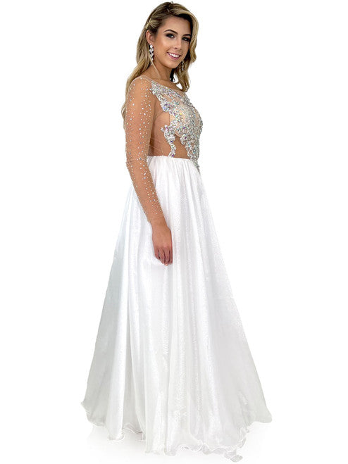 Make an unforgettable entrance in this Marc Defang 8309 Sheer Crystal Bodice A Line shimmer organza ballgown skirt Pageant Dress. This formal gown features a delicate crystal embellished long sleeve top adorned with shimmering crystals and a A-line floor length skirt. Perfect for a pageant or a special event.  Sizes: 00,0,2,4,6,8,10,12,14,16  Colors: White