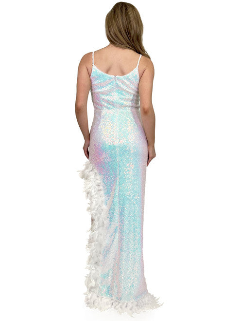This Marc Defang 8221 dress is perfect for prom, pageants, and other special occasions. Crafted from soft, sequin fabric and finished with an elegant feather trim, it is both stylish and comfortable. The high-cut slit design and fitted silhouette make it a must-have for special events. contact us for additional colors  Sizes: 00-16  Colors: Neon Pink, White AB