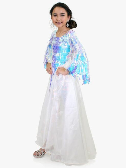 Marc Defang 5010L Long Sequin Bell Sleeve Jumpsuit Overskirt Girls Fun Fashion v  This Fun Fashion jumpsuit comes with detachable overskirt is included in the price  Fully iridescent multicolor beaded romper  With soft knitted inner lining for comfort Side zipper Floor length overskirt adds fun to walk.  Available Sizes: 4-14  Available Colors: Purple, AB White  If Not in stock please allow 30 days for delivery
