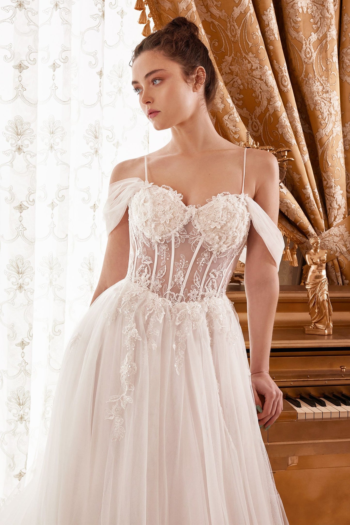 Ladivine WN307 A Line Tulle off the shoulder Sheer Corset Wedding Dress Beaded Bridal Gown