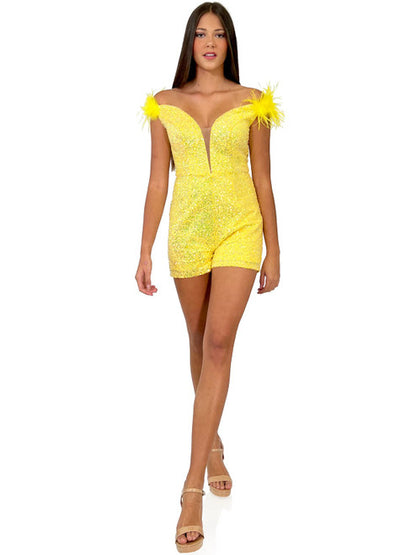 The Marc Defang 8252 Short Sequin Pageant Romper is an off-the-shoulder dress with a fun, fashionable style. It features an iridescent sequin design, ostrich feathers on the shoulder, a v-neck cut and an invisible zipper closure in the back. This form-flattering Romper is fully lined and comes in a variety of colors and sizes.  Sizes: 00-16  Colors: Hot Pink, Yellow