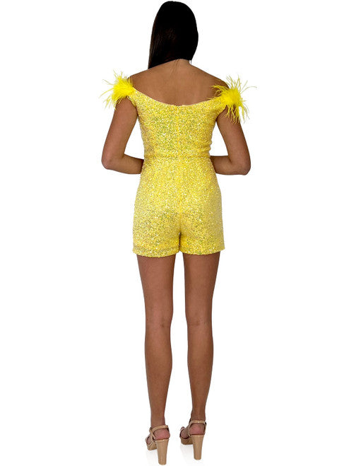 The Marc Defang 8252 Short Sequin Pageant Romper is an off-the-shoulder dress with a fun, fashionable style. It features an iridescent sequin design, ostrich feathers on the shoulder, a v-neck cut and an invisible zipper closure in the back. This form-flattering Romper is fully lined and comes in a variety of colors and sizes.  Sizes: 00-16  Colors: Hot Pink, Yellow
