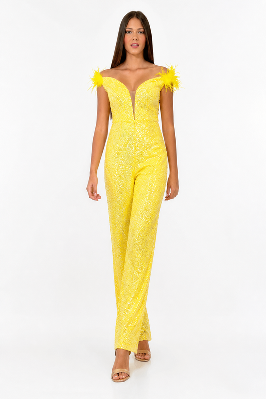 The Marc Defang 8252 Short Sequin Pageant Romper is an off-the-shoulder dress with a fun, fashionable style. It features an iridescent sequin design, ostrich feathers on the shoulder, a v-neck cut and an invisible zipper closure in the back. This form-flattering&nbsp;Romper is fully lined and comes in a variety of colors and sizes.

Sizes: 4

Colors: Yellow

*In Stock for Immediate Delivery