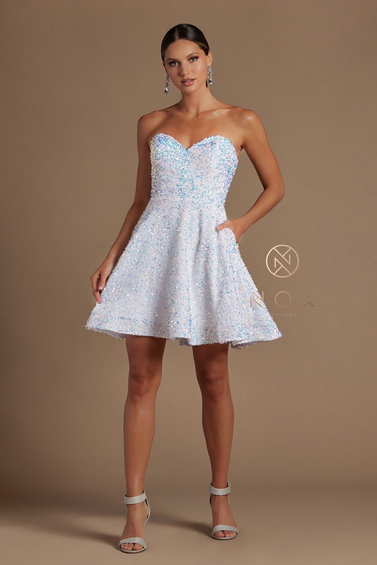 Nox Anabel R705 Size 6,8,10 White Sequin Velvet Short Dress Homecoming Pockets Flare, 6 / White/Multi Nox Anabel R705 Size 6,8,10 White Sequin Velvet Short Dress Homecoming Pockets Flare, 6 / White/Multi