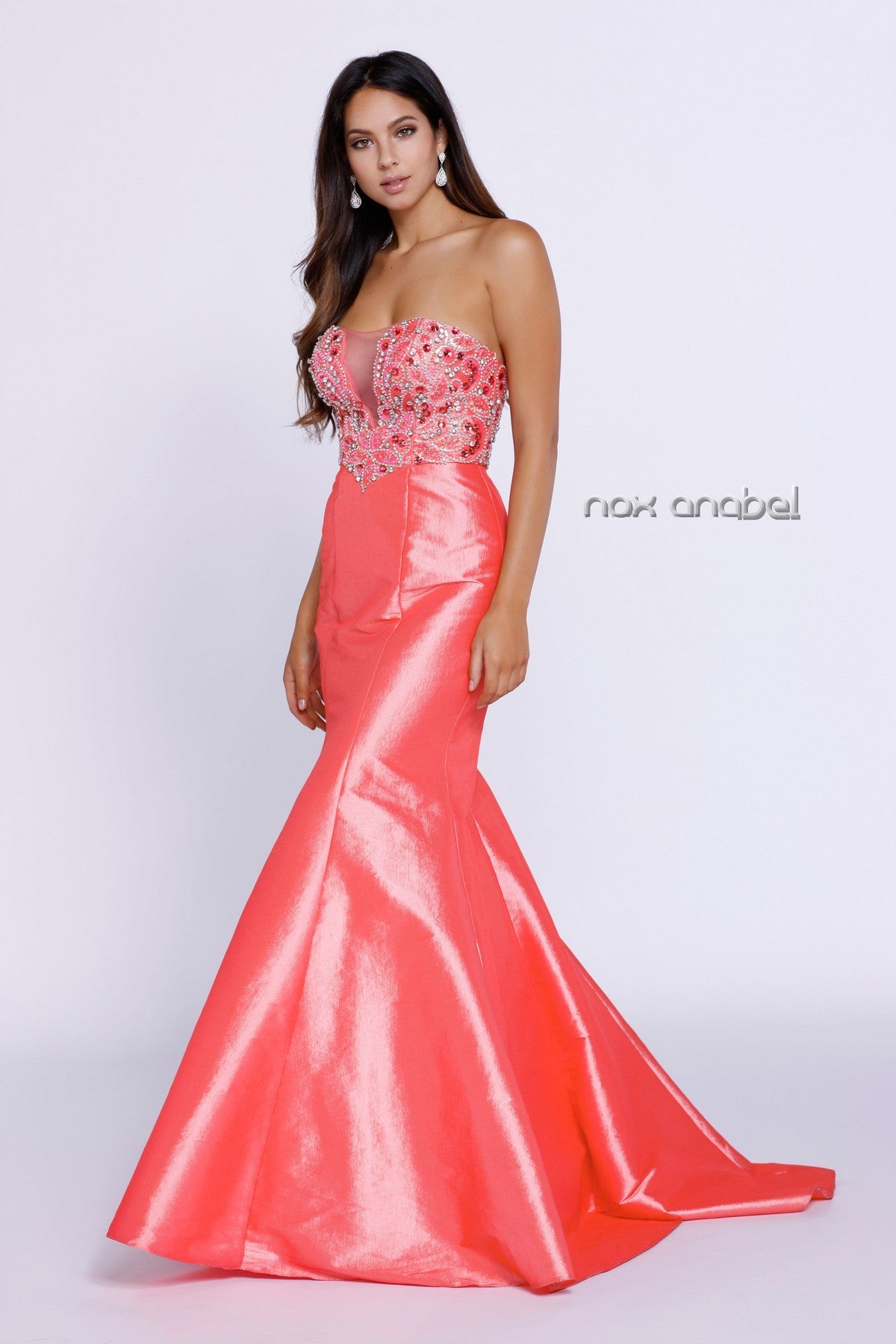 Nox Anabel 8244 Long Fitted taffeta Mermaid Prom Dress Beaded Bodice Formal Gown Illusion V neckline with sweetheart silhouette. Sequins, Beading & Rhinestone Accents. Sweeping train great pageant gown  Sizes: 2  Colors: Coral