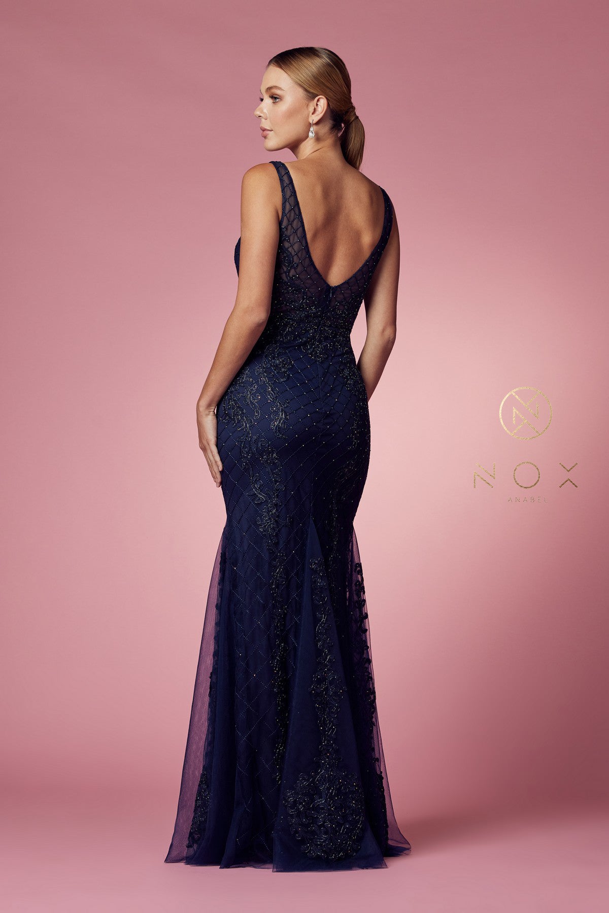 Nox Anabel A398 Long Embellished Lace Formal Evening Gown Prom Dress Wedding Guest Fulfill your wish to look like a princess with this long mermaid dress. The full-length dress comes with a deep V-neck design and an open back which makes it an excellent attire to wear at a party. The front and back have alluring embroidery  Available Sizes: 2-16  Available Colors: Burgundy, Gold, Navy Blue, Rose, Black, Lemon, Light Blue, Green